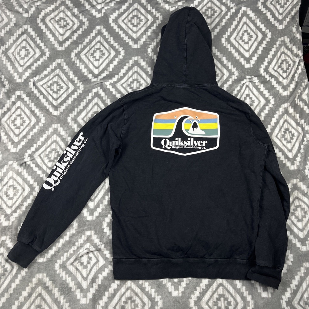 QUIKSILVER Hoodie Men's M Black Sweatshirt Front Back Graphic Print Logo Sleeve